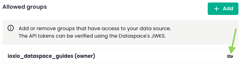 Allowed groups section in data source edit form with arrow pointing at the key icon.