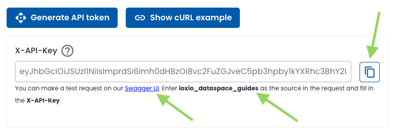 Arrows pointing at the copy API token button, the source and the Swagger UI link.