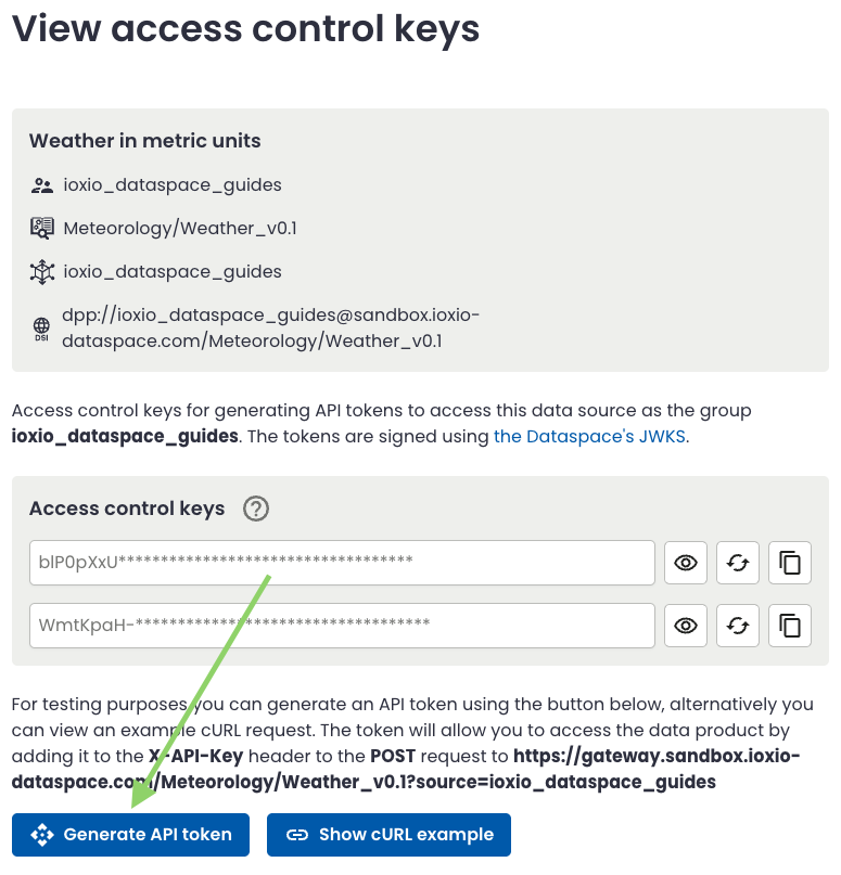 Generate API token button on the view access control keys page.