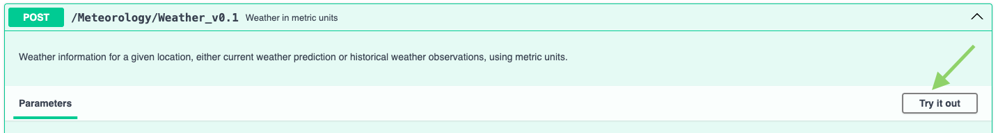 Arrow pointing at the Try it out button in Swagger UI.