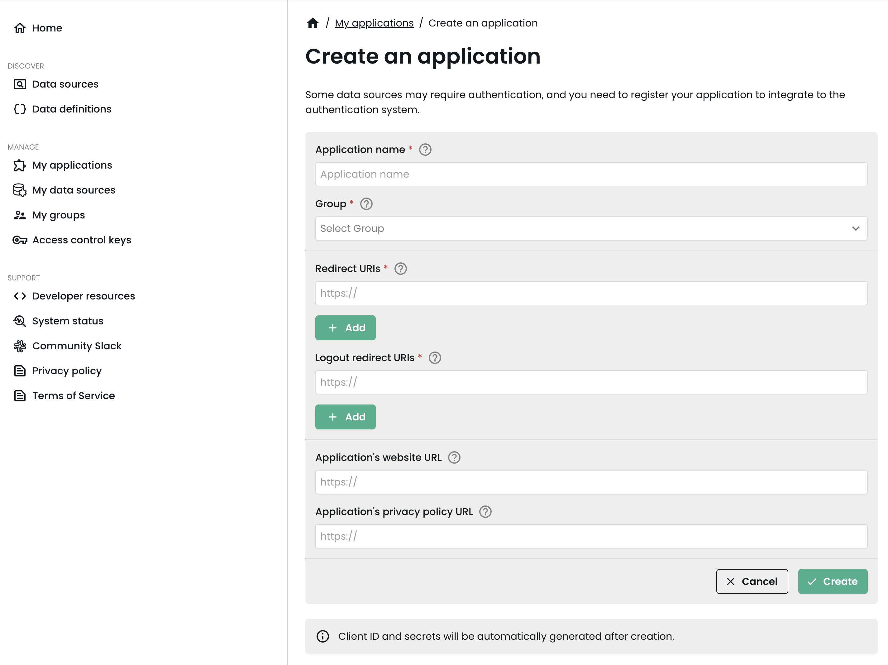 Create application page in Developer Portal