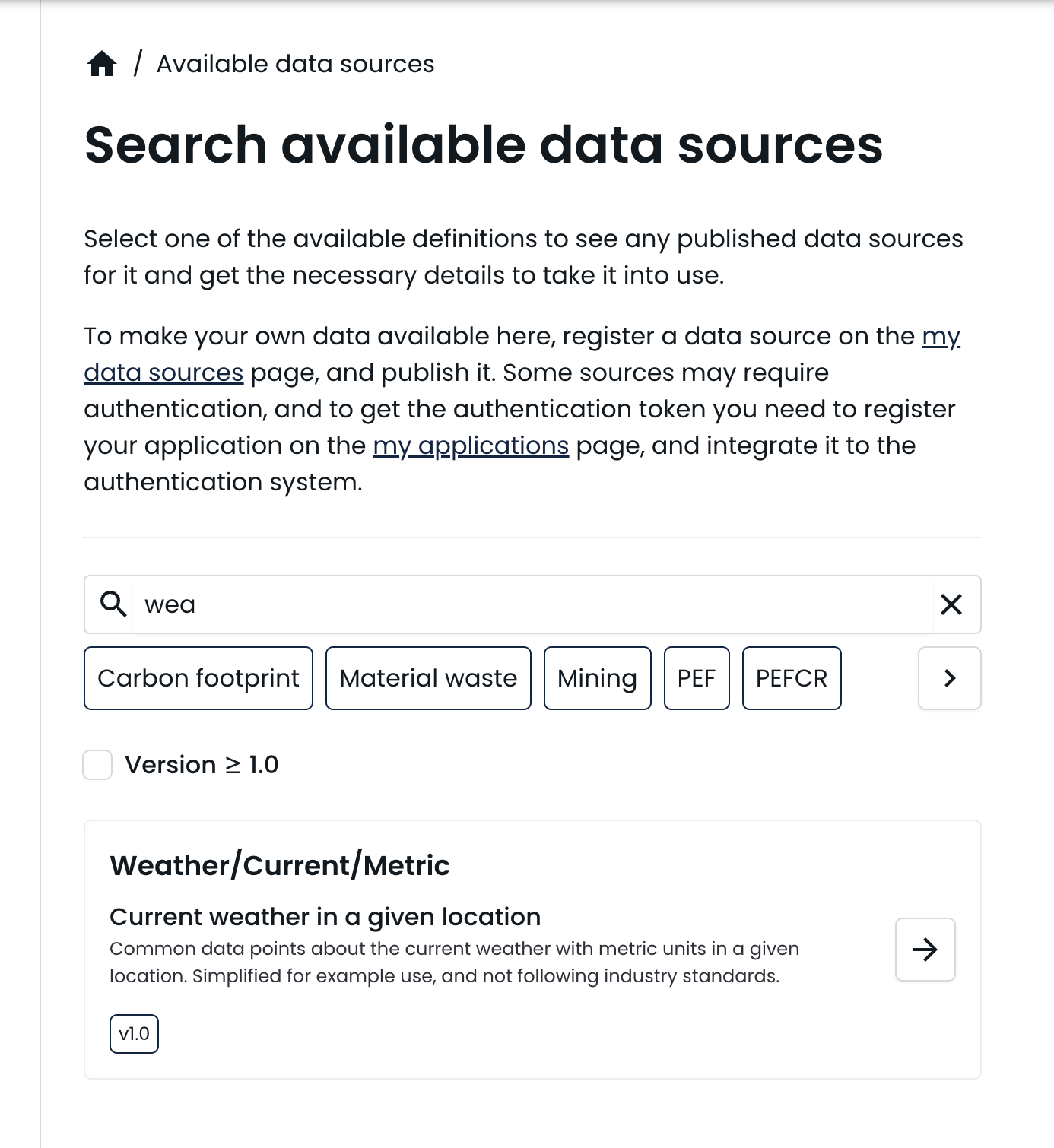 Available data sources search page