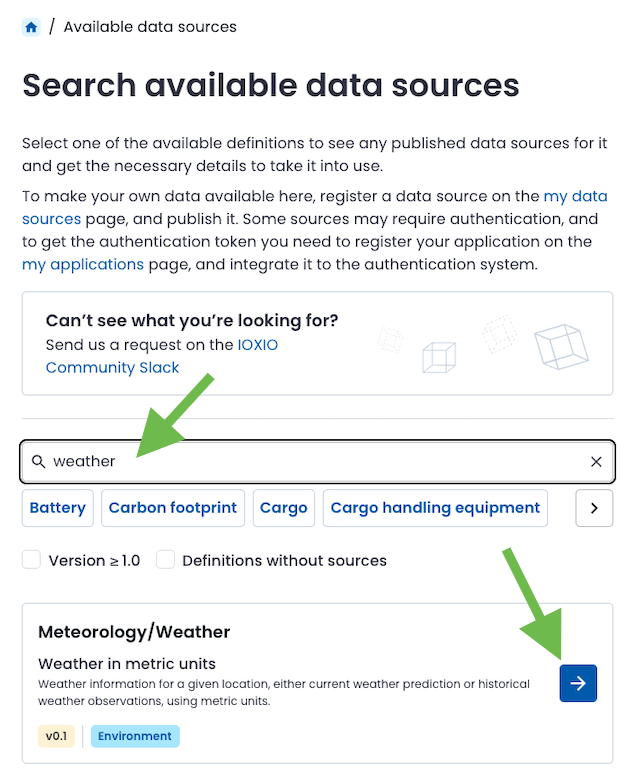 Data sources page showing search field and button to view sources