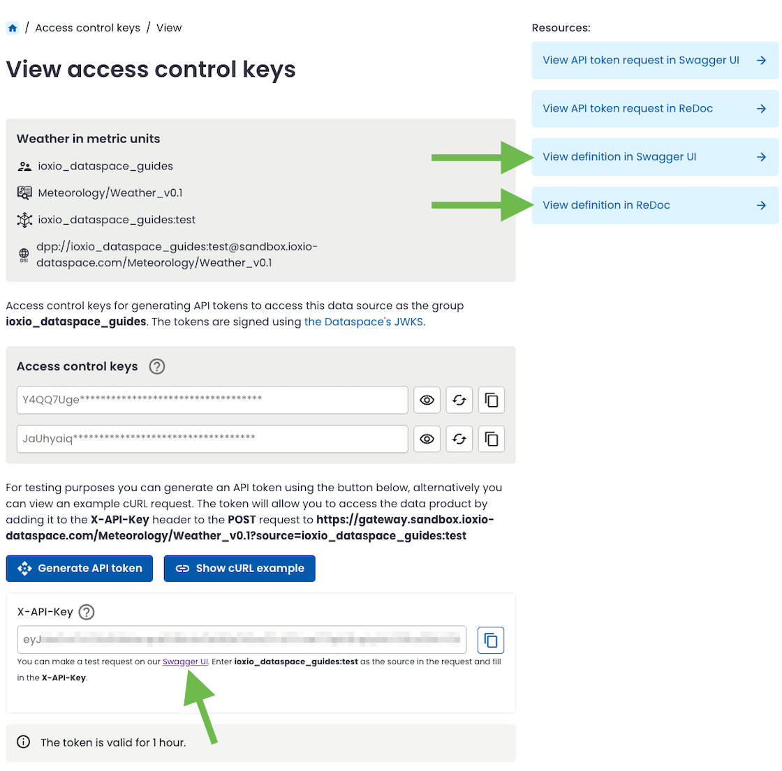 Access control keys page with links to Swagger UI and ReDoc
