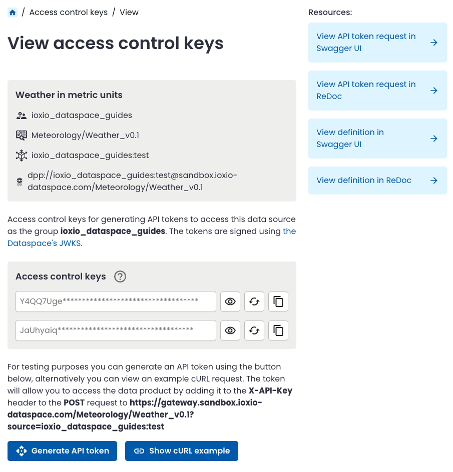 Access control keys view for a data source