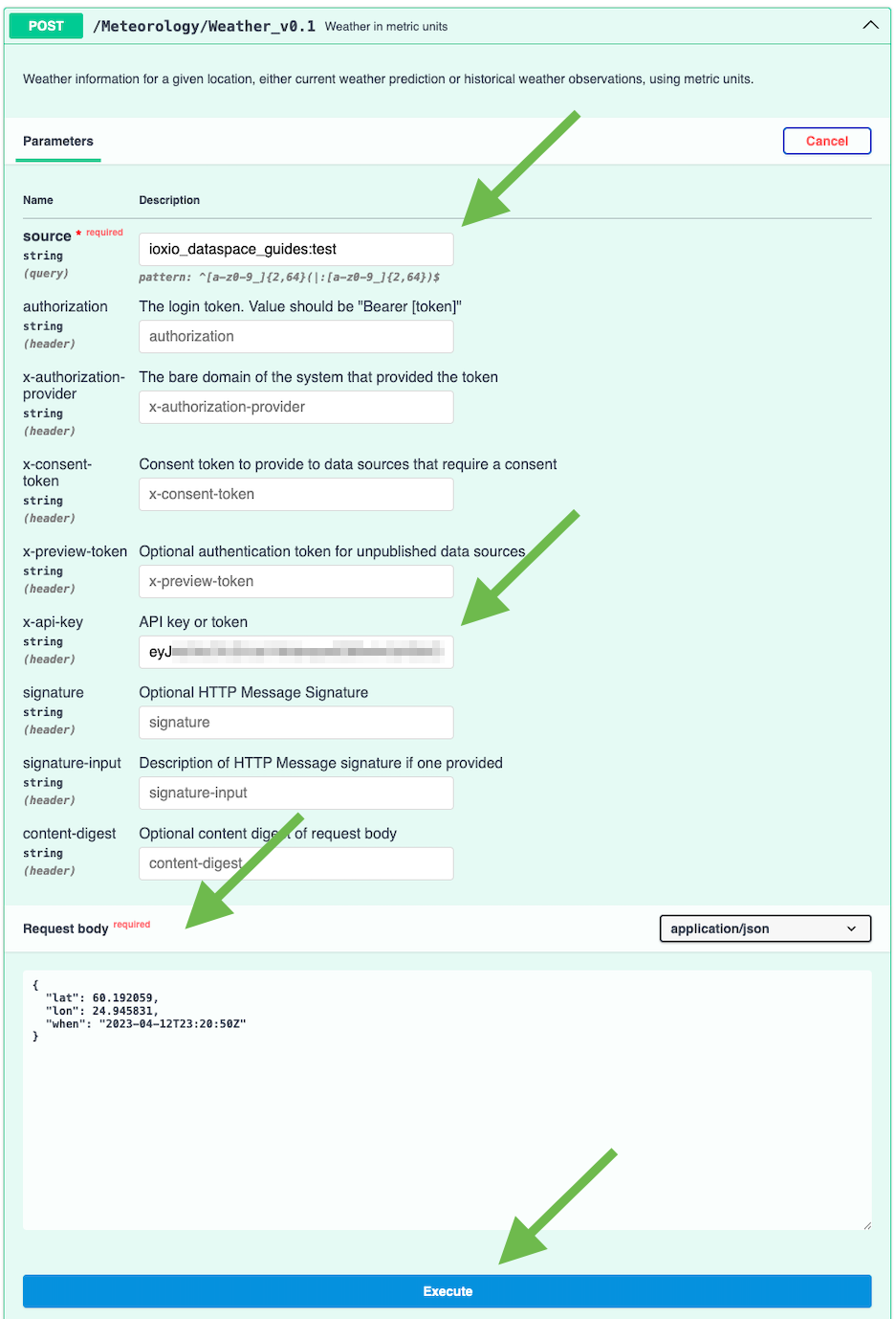 Swagger UI with the necessary fields highlighted
