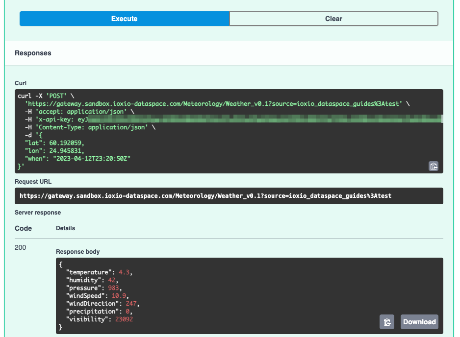 Swagger UI with the request and response from a source