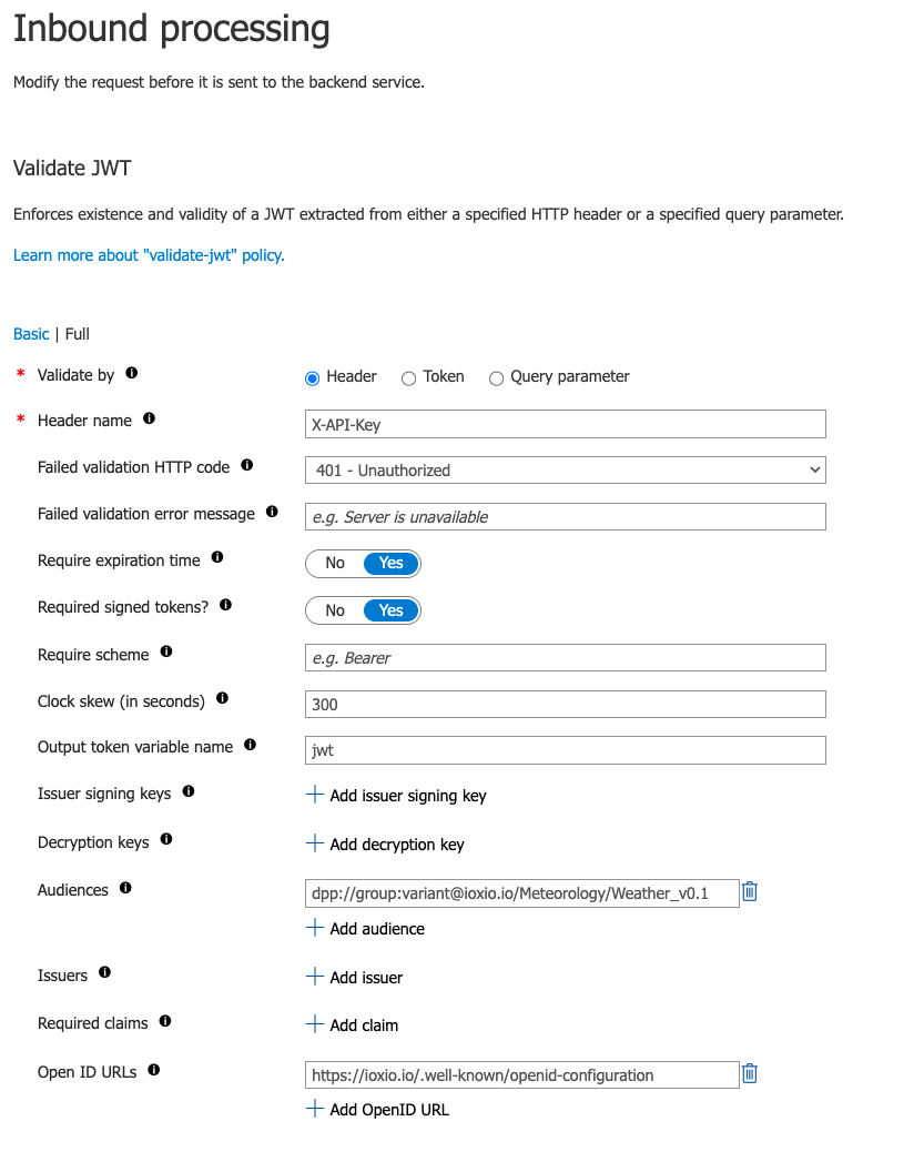 Azure API Management screen with inbound processing policy for validating JWT.