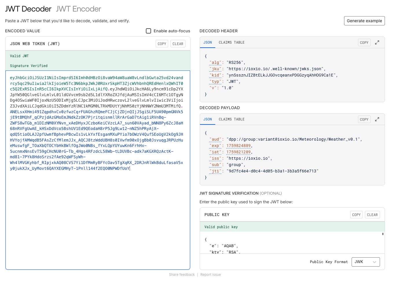 Interface of JWT.io showing tje decoded and verified token.