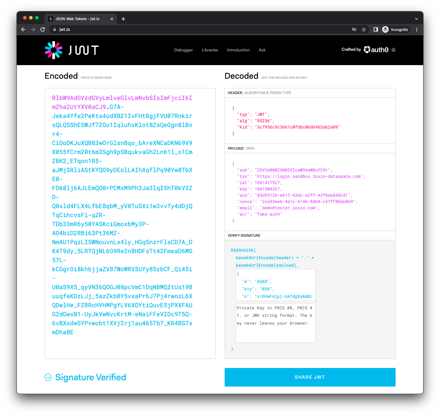 Decoded JWT token